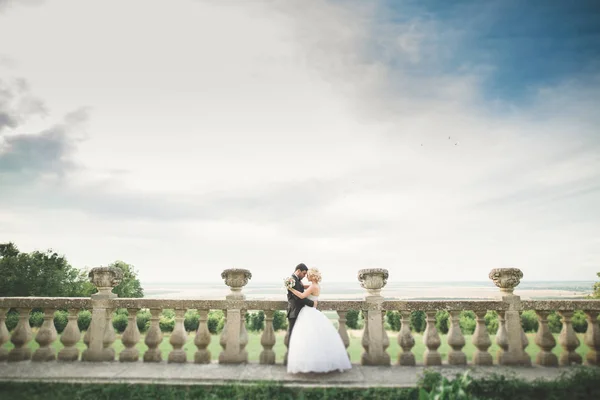 Щаслива весільна пара обіймає і цілує на фоні старого замку — стокове фото