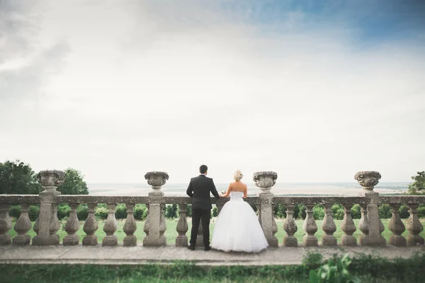 Schönes romantisches Brautpaar, das sich in der Nähe des alten Schlosses umarmt — Stockfoto