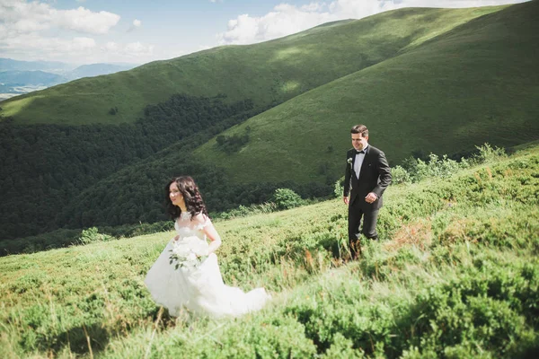 Schönes Hochzeitspaar, Braut und Bräutigam, verliebt im Hintergrund der Berge — Stockfoto