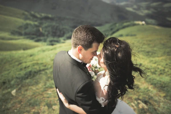 Hermosa pareja de boda, novia y novio, en el amor en el fondo de las montañas —  Fotos de Stock