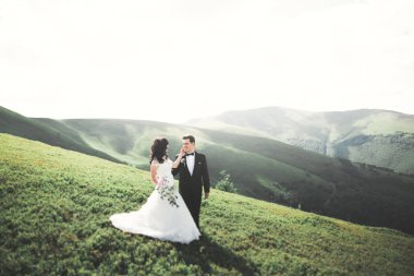 Öpüşen düğün çifti güzel manzarada kalıyor.