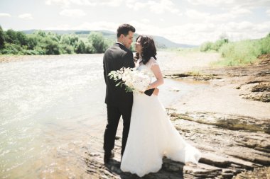 şık şık mutlu esmer gelin ve dağlarda güzel bir şelale arka plan üzerinde muhteşem damat