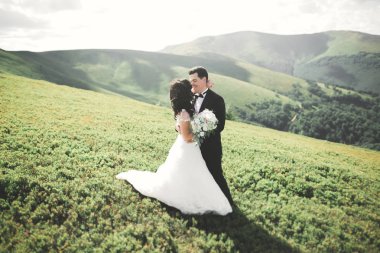 Yeni evli çift, gelin ve damat öpüşüyor, mükemmel dağ manzarasında sarılıyorlar, mavi gökyüzü