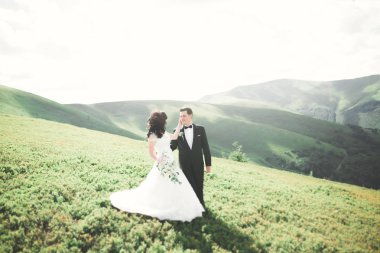 Güzel düğün çift, gelin ve damat, arka planda dağların aşık