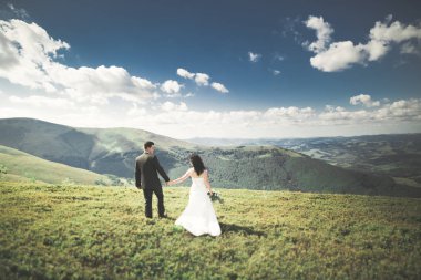 Harika bir gelin damada poz veriyor ve harika manzaralı dağlarda lüks bir tören yapıyor.