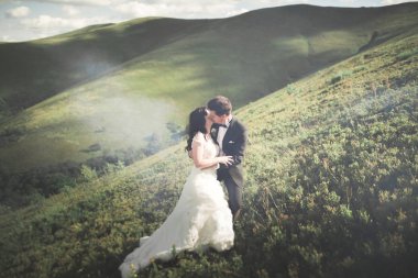 Öpüşen düğün çifti güzel manzarada kalıyor.