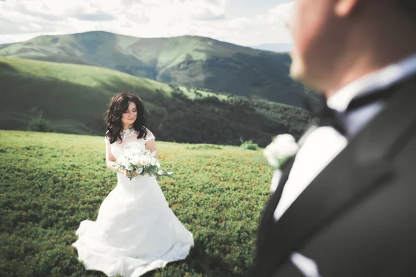 Όμορφη υπέροχη ευτυχισμένη νύφη και κομψό γαμπρό ποζάρουν στο φόντο της ηλιόλουστη εκπληκτική βουνά — Φωτογραφία Αρχείου