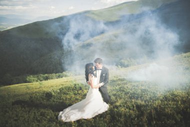 Öpüşen düğün çifti güzel manzarada kalıyor.