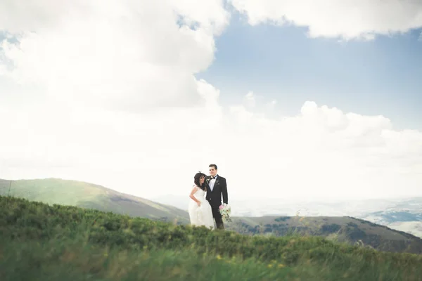 Schönes Hochzeitspaar, Braut und Bräutigam, verliebt im Hintergrund der Berge — Stockfoto