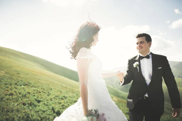 Bella favolosa sposa felice ed elegante sposo in posa sullo sfondo delle montagne soleggiate mozzafiato — Foto Stock