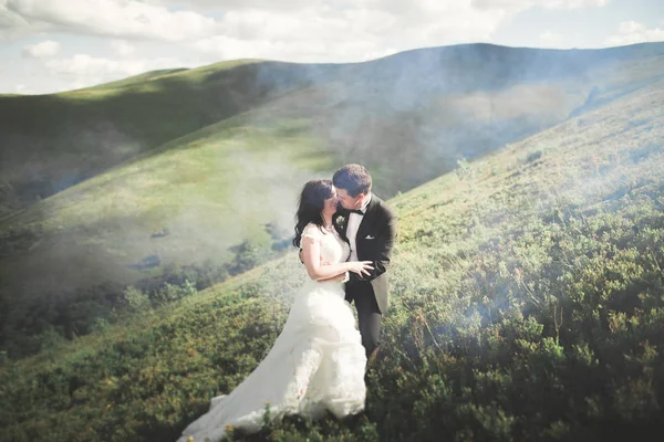 Casal de casamento bonito, noiva e noivo, apaixonado no fundo das montanhas — Fotografia de Stock