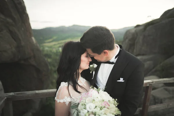 結婚式のカップルで愛キスと抱擁近くの岩で美しい風景 — ストック写真