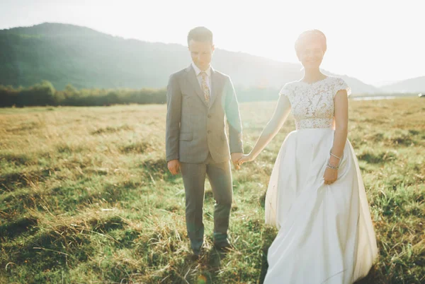 Schönes Hochzeitspaar, Liebe im Sonnenuntergang. Feld mit Blick auf die Berge — Stockfoto