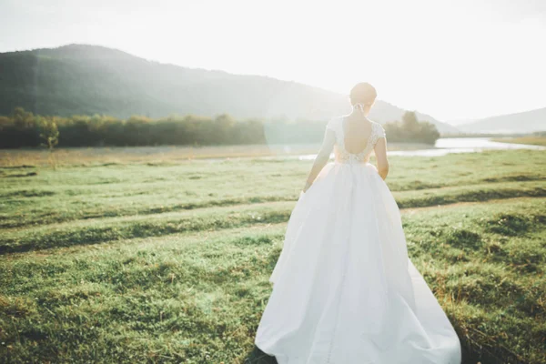 Braut im Brautkleid posiert auf Gras mit wunderschönem Landschaftshintergrund — Stockfoto