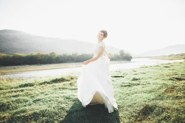 Sposa in abito da sposa in posa su erba con bel paesaggio sfondo — Foto Stock