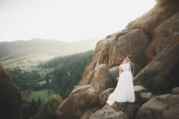 Hermosa pareja de boda, novia y novio, en el amor en el fondo de las montañas —  Fotos de Stock