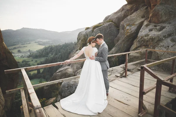 Hermosa novia y elegante novio caminando en el paisaje soleado, pareja de bodas, montañas de ceremonia de lujo con una vista increíble, espacio para el texto —  Fotos de Stock