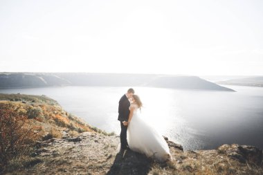 Şık, şık, mutlu bir düğün çifti, gelin, deniz ve gökyüzünün arka planında muhteşem bir damat.