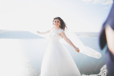 Şık, şık, mutlu bir düğün çifti, gelin, deniz ve gökyüzünün arka planında muhteşem bir damat.