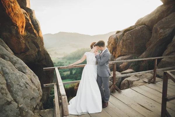 Kissing wedding couple staying over beautiful landscape — Stock Photo, Image