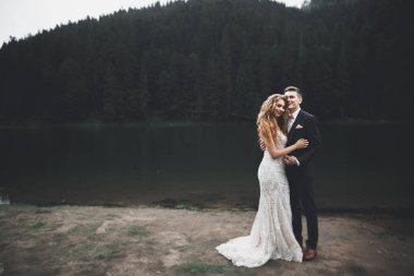 Harika bir gelin damada poz veriyor ve harika manzaralı dağlarda lüks bir tören yapıyor.