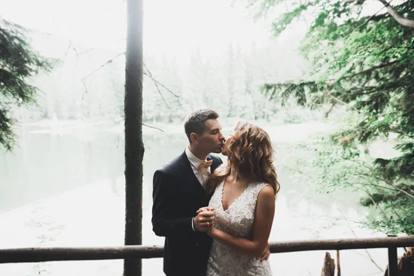 Elegante stijlvolle gelukkig brunette bruid en prachtige bruidegom op de achtergrond van een mooie rivier in de bergen — Stockfoto
