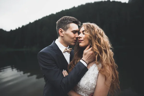 Pareja feliz boda posando sobre hermoso paisaje en las montañas —  Fotos de Stock