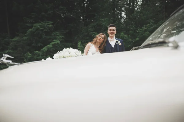 Stilvolles Hochzeitspaar, Braut, Bräutigam küssen und umarmen sich im Retro-Auto — Stockfoto