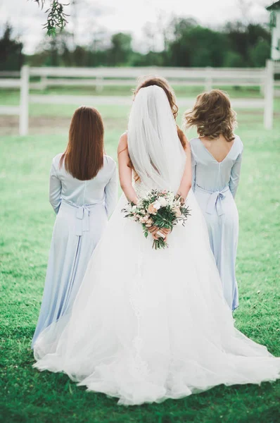 Η νύφη και η bridesmaids δείχνουν όμορφα λουλούδια στα χέρια τους — Φωτογραφία Αρχείου