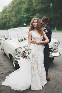 Şık bir düğün çifti, gelin, damat retro arabada öpüşüyor ve sarılıyor.