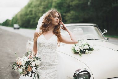 Retro arabada ayiklama gününde poz mutlu gelin