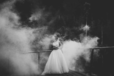 Mükemmel bir çift gelin ve damat düğün günlerinde poz verip öpüşürler.