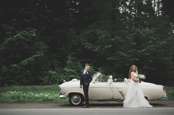 Elegante coppia di nozze, sposa, sposo baci e abbracci su auto retrò — Foto Stock