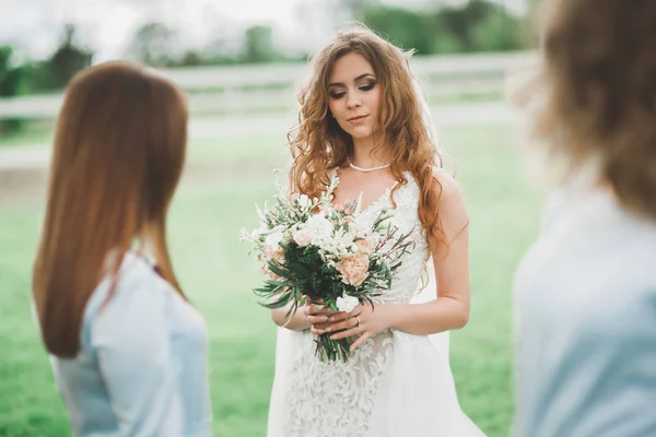 Noiva com damas de honra no parque no dia do casamento — Fotografia de Stock