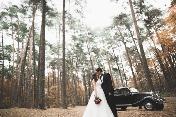 Casal lindo posando perto esplêndido carro retro — Fotografia de Stock