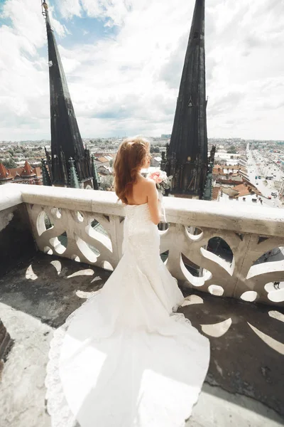 Muhteşem manzaralı balkonda güzel, lüks gelin.