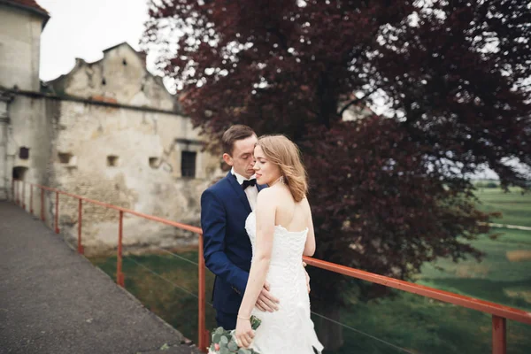 Bella coppia di sposi romantici che si abbracciano vicino al vecchio castello — Foto Stock