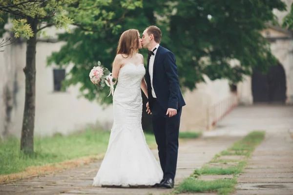 Schönes Paar von glücklichen stilvollen Brautpaaren, die an ihrem Hochzeitstag mit Blumenstrauß im Park spazieren gehen — Stockfoto