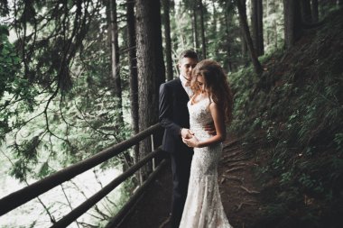 Yeni evli çift el ele tutuşurken parkta koşup zıplıyorlar.