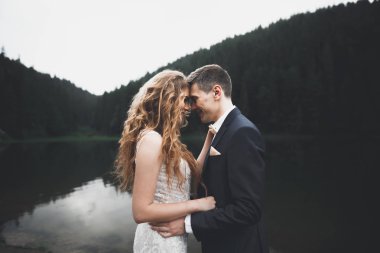 Mükemmel bir çift gelin ve damat düğün günlerinde poz verip öpüşürler.