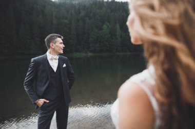 Mükemmel bir çift gelin ve damat düğün günlerinde poz verip öpüşürler.