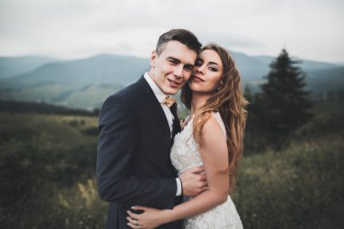 Güzel dağlarda poz veren mutlu bir düğün çifti.