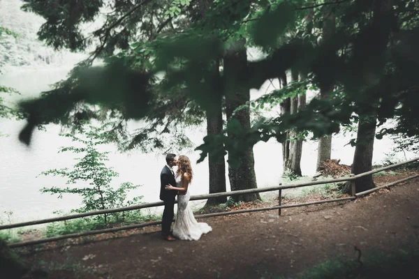 Botanik parkında yürüyen mutlu bir çift.