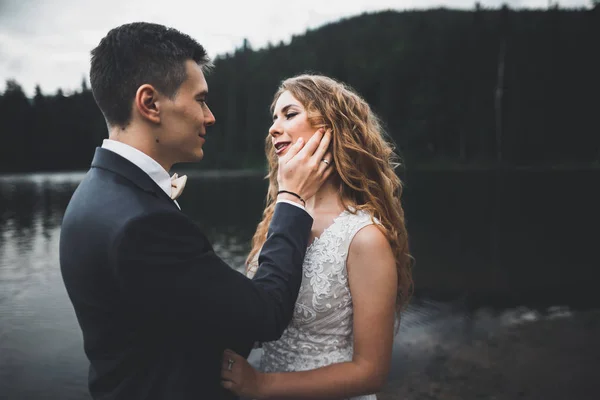 Pareja feliz boda posando sobre hermoso paisaje en las montañas — Foto de Stock