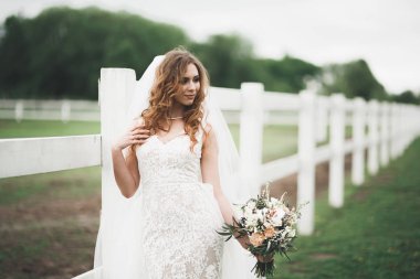 Gelinlik içinde dışarıda poz veren güzel gelin.