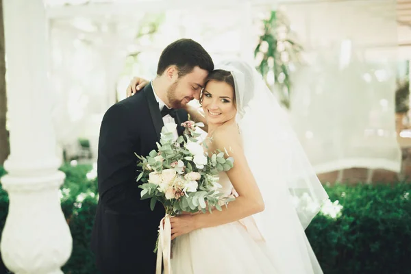 Vackra romantiska bröllop par nygifta kramas i grön park — Stockfoto