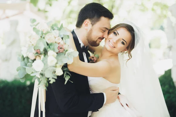 Romantisches, märchenhaftes, glückliches Brautpaar, das sich im Park umarmt und küsst, Bäume im Hintergrund — Stockfoto