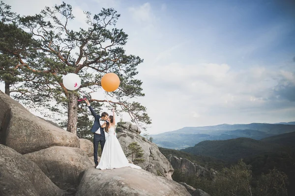 Hermosa pareja feliz boda joven posando sobre un fondo de acantilado de roca — Foto de Stock