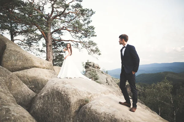 Muhteşem gelin, damat öpüşme ve sarılma Gösterim çarpıcı uçurum yakın: