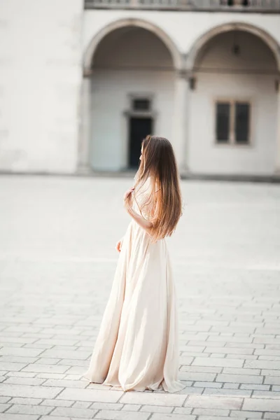 Menina bonita, modelo com cabelos longos posando em castelo velho perto de colunas. Cracóvia Vavel — Fotografia de Stock